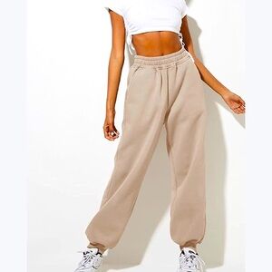 Yovela womens tan high waisted baggy joggers, size small